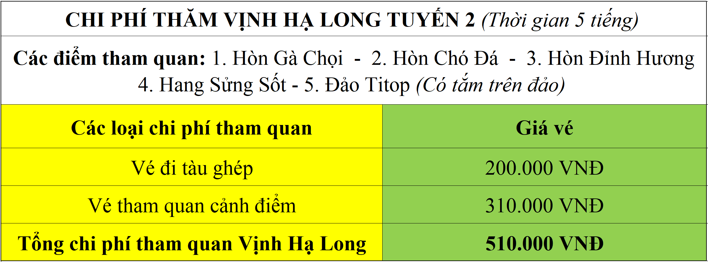 bảng giá lịch trình tuyến 2 tham quan vịnh hạ long